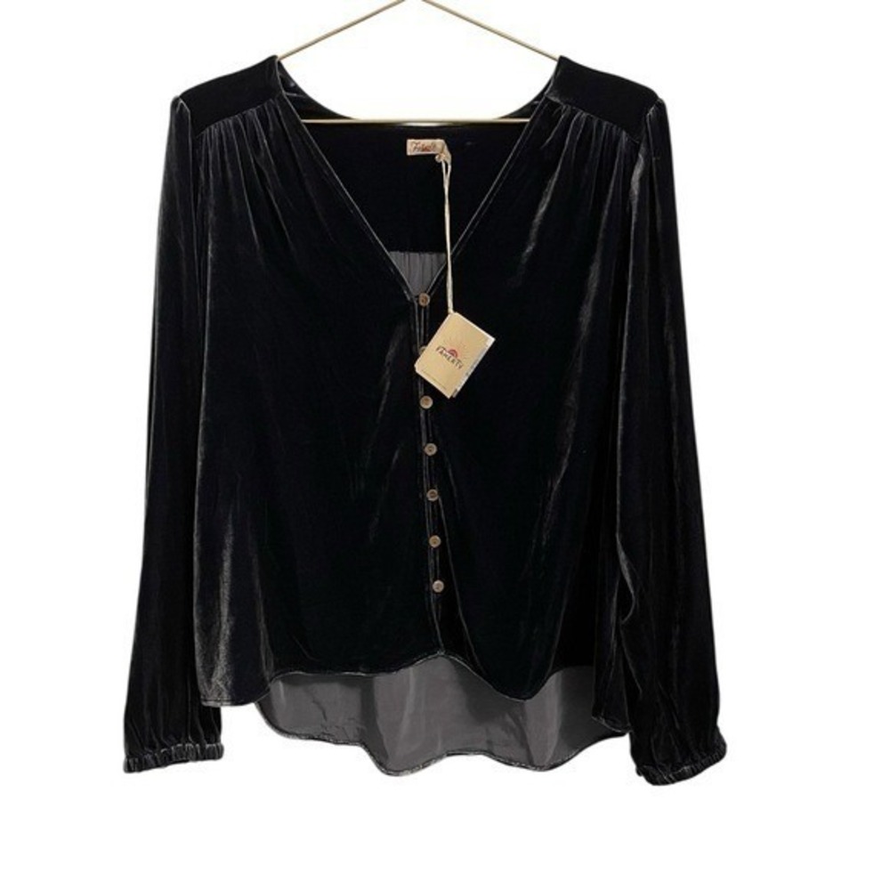 Faherty Rowan Stretch Silk Velvet Top Large L NWT Navy